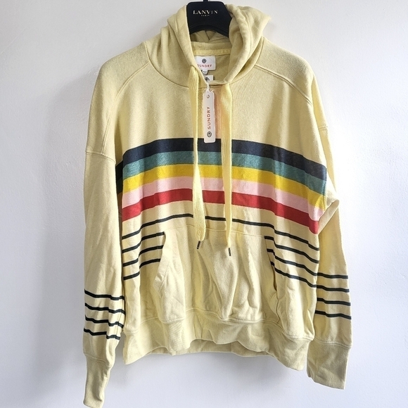 New Sundry Rainbow Stripe Hoodie Drawstring Yellow Pullover Sweatshirt NWT 0/XS - Picture 1 of 9